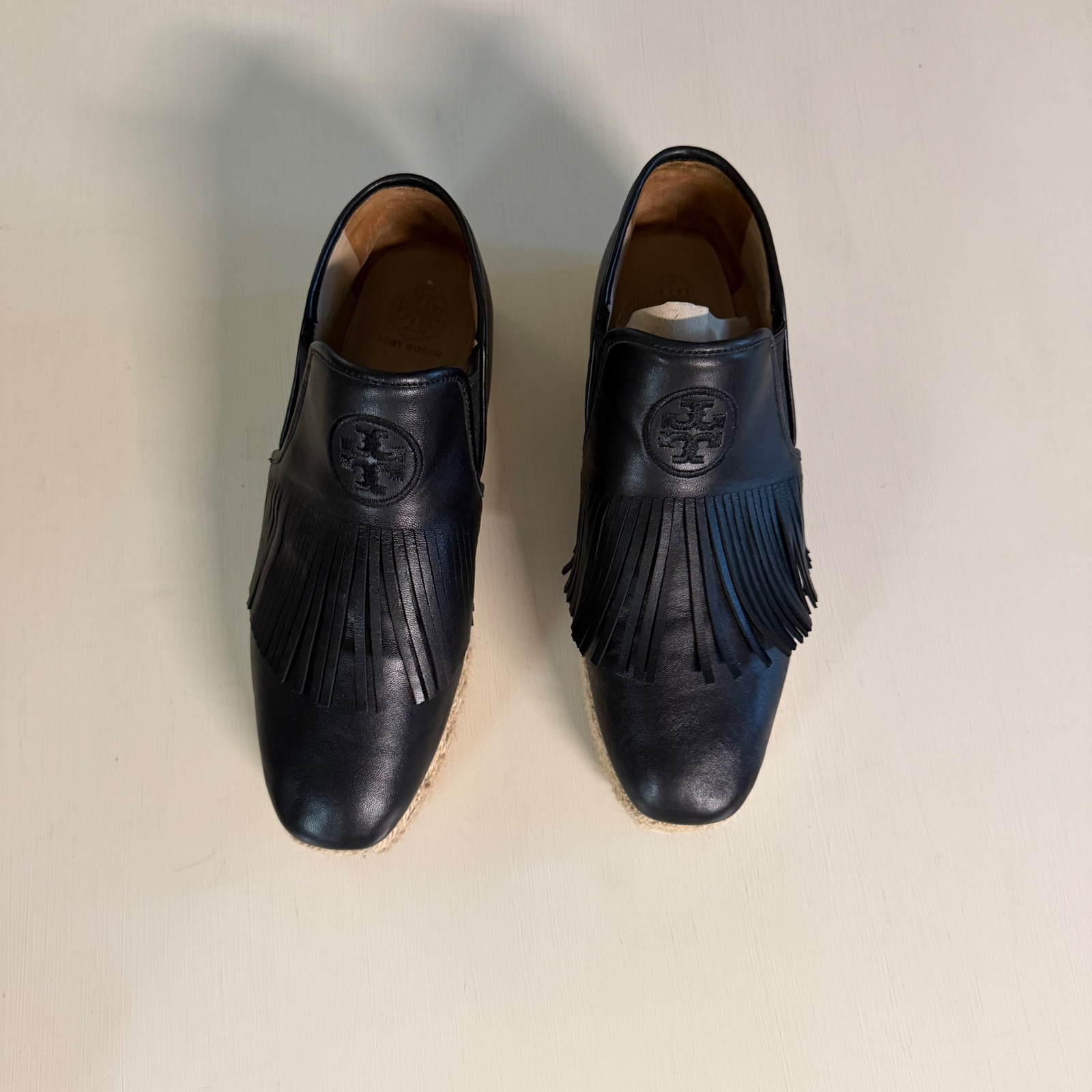 Tory Burch Black Leather Fringe Espadrille Loafers Size 8 Embroidered Logo Flats